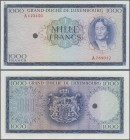 Luxembourg: 1000 Francs ND Color Trial of P. 52B in blue instead of brown color, with specimen serial number and hole cancellation in great original c...
