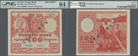 Norway: 100 Kroner 1950 SPECIMEN, P.33s with serial number X0000000, punch hole cancellation and overprint Specimen. There is just a tiny edge bend at...
