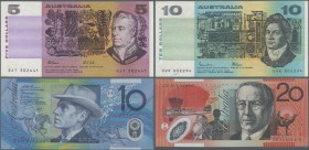 Australia: set of 25 banknotes containing 1 Pound portrait QEII P. 30, 2x 1 Dollar P. 37, 2x 1 Dollar P. 42, 6x 1 Dollar P. 43, 2x 5 Dollar P. 44, 10 ...