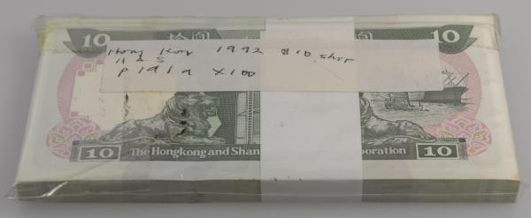 Hong Kong: Bundle with 100 pcs. Hong Kong 10 Dollars 1992, P.191a in aUNC/UNC