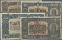 Hungary: set with 11 Banknotes of the 1923 second issue of the Korona notes containing for example 10.000 Korona 1923 (P.77) and the 8 Filler ovpt on ...