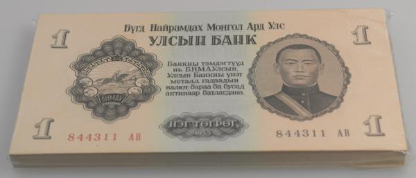 Mongolia: Bundle with 100 pcs. Mongolia 1 Tugrik 1955, P.28 in UNC
