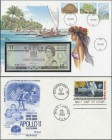 Alle Welt: Small album with 19 first day covers some with banknotes from Libya, Anguilla, Bhutan, Fiji, Ghana, Guyana, India, Cambodia, Mozambique, So...