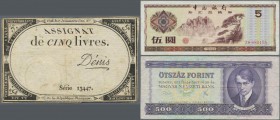 Alle Welt: Small collectors book with 58 Banknotes and wrappers in used condition, containing for example Hungary 500 Forint 1975, France Assignat 5 L...