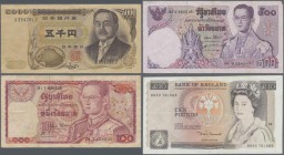 Alle Welt: Small lot with 30 Banknotes, comprising for example Thailand 100 and 500 Baht 1970's-1980's, Malaysia 50 Ringgit 1980's, Japan 5000 Yen 199...