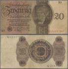 Deutschland - Deutsches Reich bis 1945: 20 Reichsmark 1924, Udr. Q, Serie G, Ro.169, stärker gebraucht mit kleinem Loch unten rechts. Erhaltung: F ÷ 2...