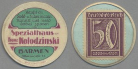Deutschland - Briefmarkennotgeld: BARMEN, Franz Kolodzinski, Gold- und Silberwaren, Elberfeld, 50 Pfennig Ziffer, Zelluloidkapsel.