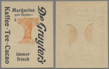 Deutschland - Briefmarkennotgeld: BERLIN, De Gruyter's, Kaffee-Tee-Cacao, 10 Pf. Germania orange, im Werbekärtchen mit Schlitz.