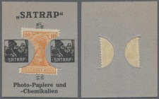 Deutschland - Briefmarkennotgeld: BERLIN, SATRAP Photo-Papiere und Chemikalien, Briefmarken-Notgeld 10 Pf. Germania orange in grauem geschlitztem Werb...