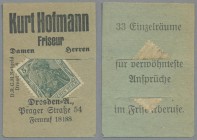 Deutschland - Briefmarkennotgeld: DRESDEN, Kurt Hofmann, Friseur, 5 Pf Germania grün, grüner Werbekarton mit Schlitz.