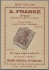 Deutschland - Briefmarkennotgeld: ERFURT, A.Franke, Damenkonfektion, 5 Pf. Germania braun, im Werbekärtchen mit Schlitz.