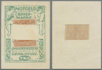 Deutschland - Briefmarkennotgeld: GERA, Kurt Lehmann & Co, Kunstdruckerei, Germania 10 Pf. orange, im Werbekärtchen mit Schlitz.