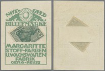 Deutschland - Briefmarkennotgeld: GERA, Margaritte, Stoff-Farben u. Wachswaren-Fabrik, Germania 5 Pf. grün, im Werbekärtchen mit Schlitz.