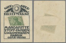 Deutschland - Briefmarkennotgeld: GERA, Margaritte, Stoff-Farben u. Wachswaren-Fabrik, Germania 20 Pf. grün, im Werbekärtchen mit Schlitz.