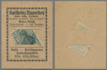 Deutschland - Briefmarkennotgeld: GERA, Karlheinz Nipperdey, Seife, Parfümerien, gestempelte Germania 5 Pf. grün im Werbekärtchen mit Schlitz.
