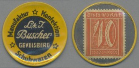 Deutschland - Briefmarkennotgeld: GEVELSBERG, L. & J. Buscher, Schuhwaren, 40 Pf. Ziffer, Zelluloidkapsel.