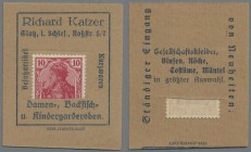 Deutschland - Briefmarkennotgeld: GLATZ, Richard Katzer, Damen- und Kindergarderoben, Germania 10 Pf. rot, im Werbekärtchen mit Schlitz.