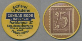 Deutschland - Briefmarkennotgeld: HAGEN, Conrad Bode, Sattlerei und Polsterei, 25 Pf. Ziffer, Zelluloidkapsel.