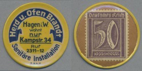 Deutschland - Briefmarkennotgeld: HAGEN, Brandt, Herd und Ofen, 50 Pf. Ziffer, Zelluloidkapsel.