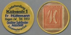 Deutschland - Briefmarkennotgeld: HAGEN, Fr. Hüttemann, Lederhandlung, 40 Pf. Ziffer, Zelluloidkapsel.