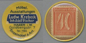 Deutschland - Briefmarkennotgeld: HAGEN, Ludw. Krebeck, Inh. Adolf Fischer, Möbel-Ausstattungen, 40 Pf. Ziffer, Zelluloidkapsel.