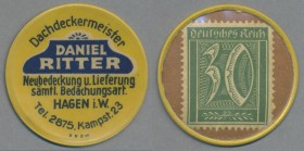 Deutschland - Briefmarkennotgeld: HAGEN, Daniel Ritter, Dachdeckermeister, 30 Pf. Ziffer, Zelluloidkapsel.