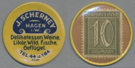 Deutschland - Briefmarkennotgeld: HAGEN, J. Scherney, Delikatessen, Weine, Wild, Fische, 10 Pf. Ziffer, Zelluloidkapsel.