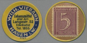 Deutschland - Briefmarkennotgeld: HAGEN, Wilh. Viebahn, Lebensmittel, 5 Pf. Ziffer, Zelluloidkapsel.