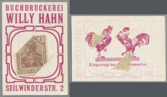 Deutschland - Briefmarkennotgeld: HANNOVER, Willy Hahn, Buchdruckerei, 5 Pf. Germania braun, Werbekarton mit Schlitz, rückseitig dekorative Abbildung ...
