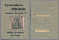 Deutschland - Briefmarkennotgeld: HANNOVER, Spitzenhaus Manne, 50 Pf. Germania violett/schwarzbraun, grauer Werbekarton mit Schlitz.