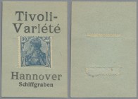 Deutschland - Briefmarkennotgeld: HANNOVER, Tivoli-Varieté, 30 Pf. Germania blau, grüner Werbekarton mit Schlitz.