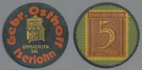 Deutschland - Briefmarkennotgeld: ISERLOHN, Gebrüder Osthoff (Herde), 5 Pf. Ziffer, Zelluloidkapsel.