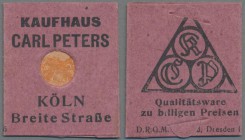 Deutschland - Briefmarkennotgeld: KÖLN, Kaufhaus Carl Peters, 10 Pf. Germania orange, im roten Faltkarton.