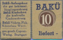 Deutschland - Briefmarkennotgeld: KÜNZELSAU, Bakü Nährmittel-Fabrik, Caprez, 10 Pf. Kontrollrat Ziffer im kleinen Faltkärtchen.
