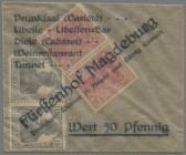 Deutschland - Briefmarkennotgeld: MAGDEBURG, Fürstenhof Magdeburg, 50 Pfennig, Pergamintütchen mit Aufdruck des Namens und des Nennwertes, Inhalt 2 x ...