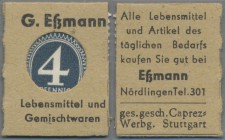 Deutschland - Briefmarkennotgeld: NÖRDLINGEN, G. Eßmann, Lebensmittel, Caprez, 4 Pf. Kontrollrat Ziffer im Faltkärtchen.