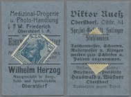 Deutschland - Briefmarkennotgeld: OBERSTDORF, Wilhelm Herzog, Medizinal-Drogerie, 30 Pf. Germania blau, im blauen Werbekarton mit Schlitz, rückseitig ...
