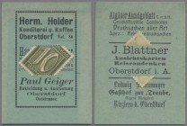 Deutschland - Briefmarkennotgeld: OBERSTDORF, Herm. Holder, Konditorei und Kaffee, 10 Pf. Ziffer, im grünen Werbekarton mit Schlitz, rückseitig weiter...