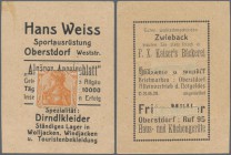 Deutschland - Briefmarkennotgeld: OBERSTDORF, Hans Weiss, Sportausrüstung u. a., Briefmarken-Notgeld mit 10 Pf. Germania orange im lachsfarbenen gesch...