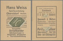 Deutschland - Briefmarkennotgeld: OBERSTDORF, Hans Weiss, Sportausrüstung, 10 Pf. Ziffer, im gelben Werbekarton mit Schlitz, rückseitig weitere Firmen...