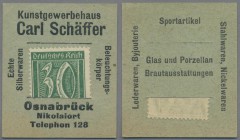 Deutschland - Briefmarkennotgeld: OSNABRÜCK, Carl Schäffer, Kunstgewerbehaus, 30 Pf. Ziffer, in grünem Werbekarton mit Schlitz.