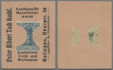 Deutschland - Briefmarkennotgeld: RATINGEN, Peter Albert Tack Nachf., Manufakturwaren, Germania 30 Pf. blau, in rosa Werbekärtchen mit Schlitz.