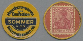 Deutschland - Briefmarkennotgeld: RÖHLINGHAUSEN / Westfalen, Sommer & Co., Manufacturwaren, 40 Pf. Germania rot, Zelluloidkapsel.