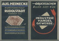 Deutschland - Briefmarkennotgeld: RUDOLSTADT, Aug. Heinecke Kunstanstalt, Germania 5 Pf. braun, schwarzes Werbekärtchen mit Schlitz.