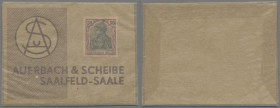 Deutschland - Briefmarkennotgeld: SAALFELD a. Saale, Fa. Auerbach & Scheibe, Germania 50 Pf. violett/schwarz, Firmenkärtchen mit Marke in Pergaminhüll...