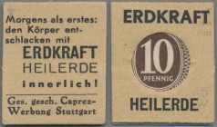Deutschland - Briefmarkennotgeld: STUTTGART, Erdkraft Heilerde, Caprez-Werbung, 10 Pf. Kontrollrat Ziffer im kleinen Faltkärtchen (1946/47).