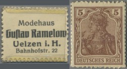 Deutschland - Briefmarkennotgeld: UELZEN, Gustav Ramelow, Modehaus, Germania 5 Pf. braun in kleiner bedruckter Zellophanhülle.