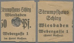 Deutschland - Briefmarkennotgeld: WIESBADEN, Strumpfhaus Schirg, Germania 50 Pf. violett/schwarz, im kleinen Faltkarton.