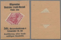 Deutschland - Briefmarkennotgeld: ZEITZ, Allgemeine Deutsche Credit-Anstalt, 10 Pf, Germania rot, im orangefarbenen Werbekarton mit Schlitz.