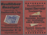 Deutschland - Briefmarkennotgeld: ZEULENRODA, Reußischer Anzeiger bzw. Buchdruckerei August Oberreuther, 20 Pf. Germania blau, im roten Werbekarton mi...